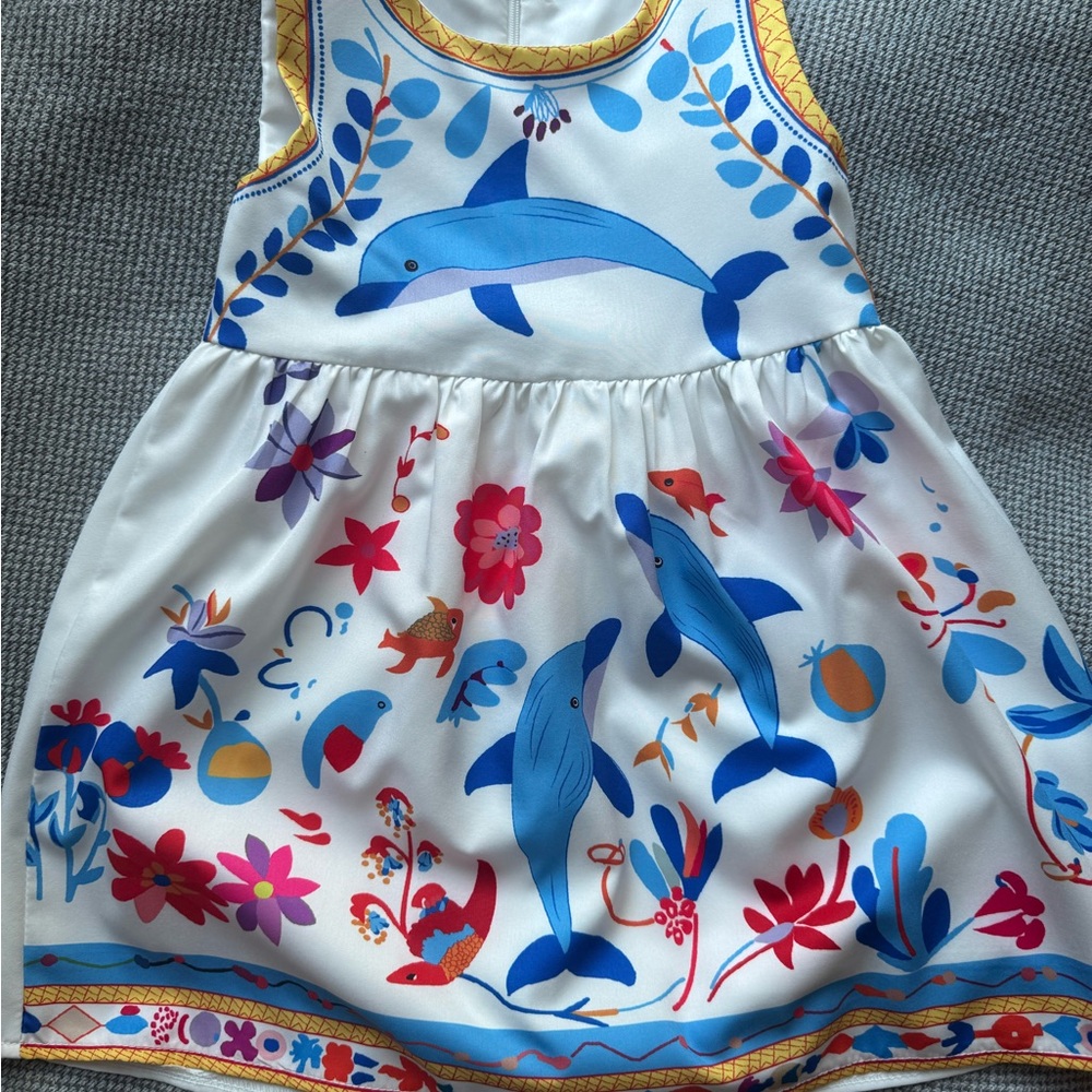 Taylor Kids Dress with Blue Dolphins and Multicolor Floral Print